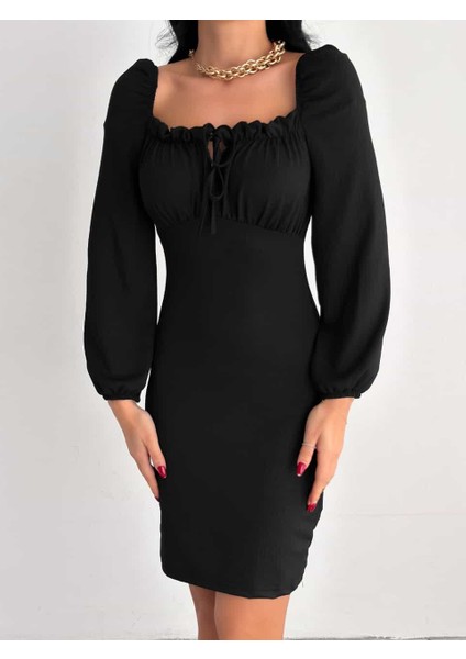 Kadın U Yaka Bağcık Detay Balon Kol Bürümcük Kumaş Elbise (Renk Seçenekli)