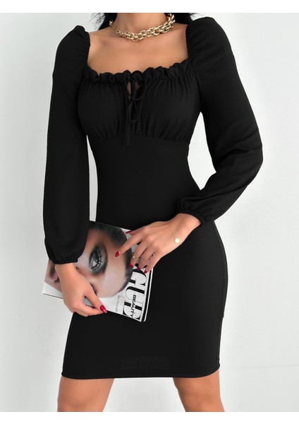 Kadın U Yaka Bağcık Detay Balon Kol Bürümcük Kumaş Elbise (Renk Seçenekli) fiyatları