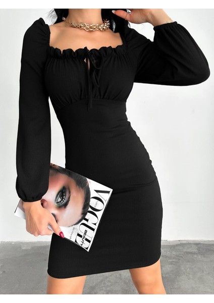 Kadın U Yaka Bağcık Detay Balon Kol Bürümcük Kumaş Elbise (Renk Seçenekli) modelleri