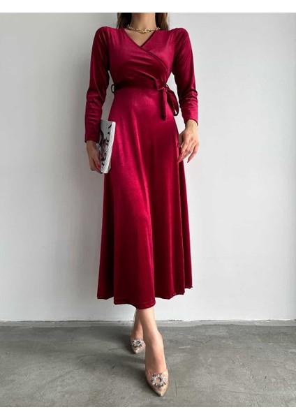Kadın Kruvaze Yaka Detay Kuşaklı Kadife Elbise (Renk Seçenekli)