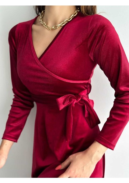 Kadın Kruvaze Yaka Detay Kuşaklı Kadife Elbise (Renk Seçenekli) fiyatları