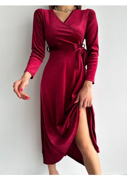 Kadın Kruvaze Yaka Detay Kuşaklı Kadife Elbise (Renk Seçenekli) fırsatları