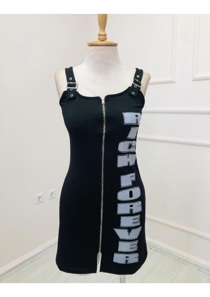 Fermuarlı Önü Baskı ve Taş Detaylı Askılı Elbise fiyatları