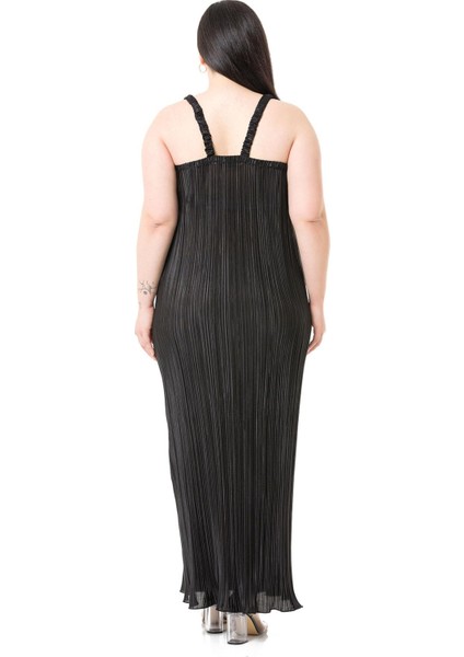 Büyük Beden Kolları ve Sırtı Lastikli Kraşlı Saten Uzun Siyah Elbise modelleri