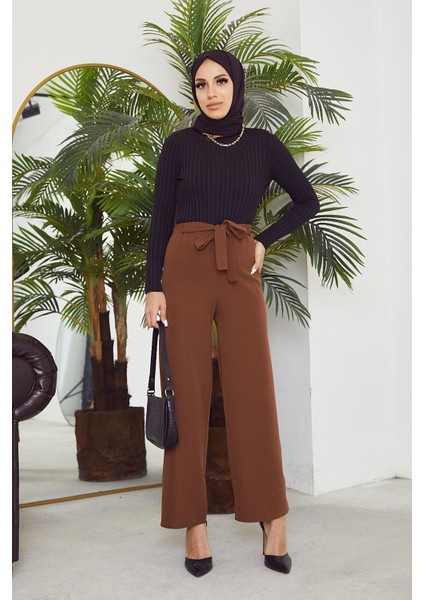 Bel Lastik Detaylı Bol Pantolon-Kahve