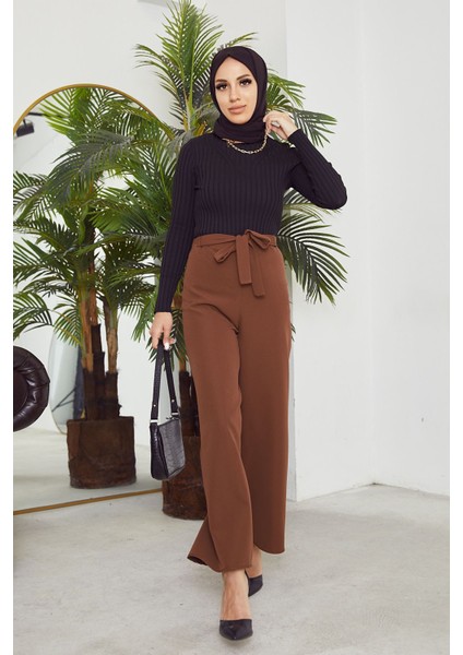 Bel Lastik Detaylı Bol Pantolon-Kahve fiyatları