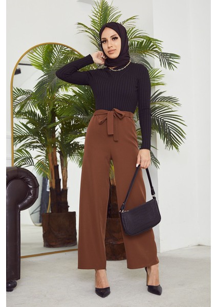 Bel Lastik Detaylı Bol Pantolon-Kahve modelleri