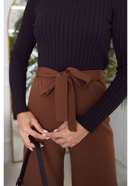 Bel Lastik Detaylı Bol Pantolon-Kahve fırsatları