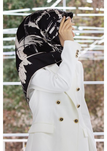 Kadın Twill Ipek Eşarp Siyah - Krem