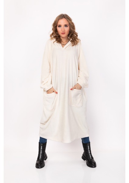 Ekru Krem Renk Welsoft Giyilebilir Kapşonlu Unisex Battaniye