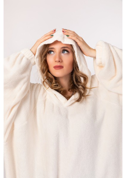 Ekru Krem Renk Welsoft Giyilebilir Kapşonlu Unisex Battaniye fırsatları