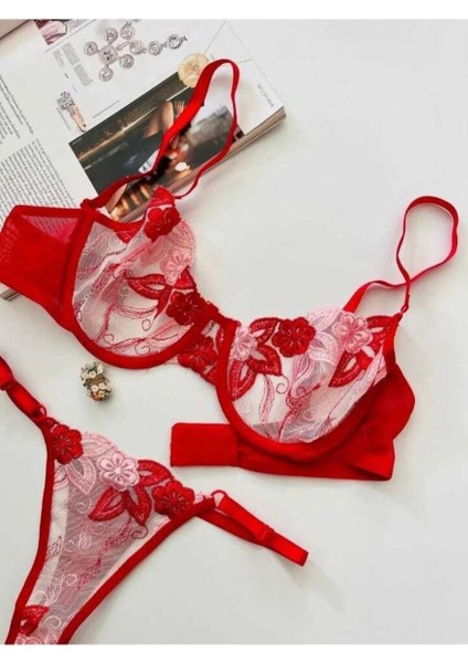 Kadın Seksi Fantezi Dantel Çiçek Detaylı Tasarım Takım Iç Çamaşır Takımı