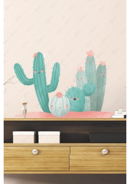 Sevimli Kaktüsler Duvar Dekorasyon Stickerı, Cam Duvar Dolap Dekorasyon Sticker Kaktüs