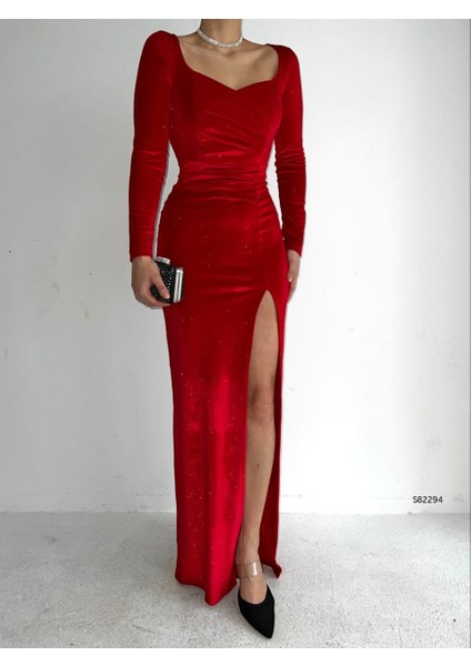 Kadın Simli Kadife Kumaş Yırtmaçlı Abiye Elbise (Renk Seçenekli) modelleri