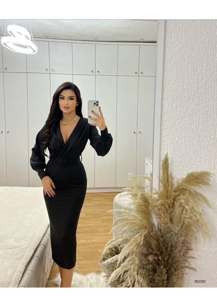 Kadın Balon Kol Kruvaze Yaka Detaylı Kemerli Scuba Kumaş Elbise (Renk Seçenekli)