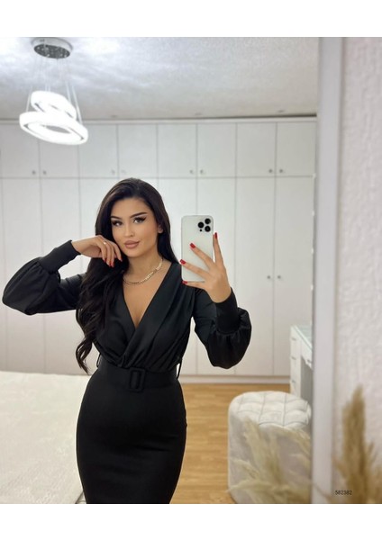 Kadın Balon Kol Kruvaze Yaka Detaylı Kemerli Scuba Kumaş Elbise (Renk Seçenekli) fiyatları