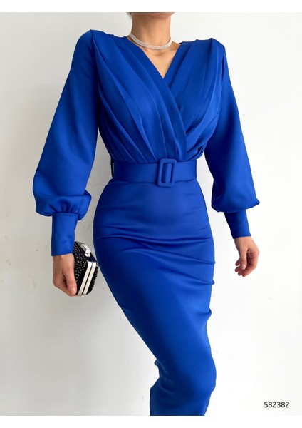 Kadın Balon Kol Kruvaze Yaka Detaylı Kemerli Scuba Kumaş Elbise (Renk Seçenekli) modelleri