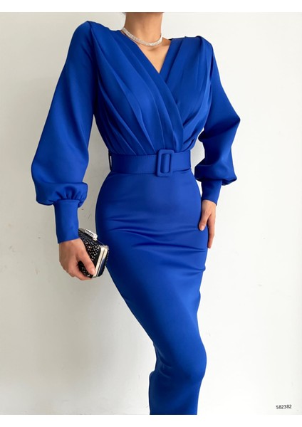 Kadın Balon Kol Kruvaze Yaka Detaylı Kemerli Scuba Kumaş Elbise (Renk Seçenekli) fırsatları