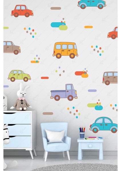 Arabalar Çocuk Odası Sticker Seti - Çocuk Bebek Odası Arabalar ve Puantiyeler Sticker