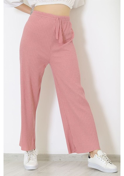 Yüksek Bel Yumuşacık Fitilli Beli Lastikli Günlük Rahat Kadın Pijama Pembe