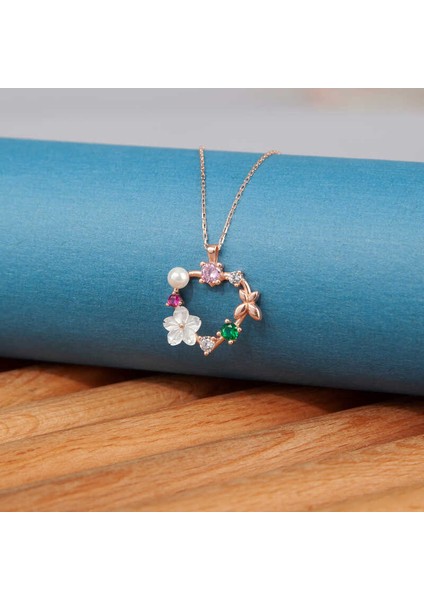 Gümüş Rose Manolya Çiçeği Kelebek Kadın Kolye