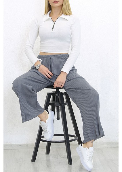 Yüksek Bel Yumuşacık Fitilli Beli Lastikli Günlük Rahat Kadın Pijama Koyu Gri