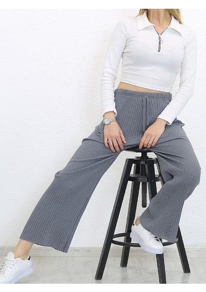 Yüksek Bel Yumuşacık Fitilli Beli Lastikli Günlük Rahat Kadın Pijama Koyu Gri fiyatları