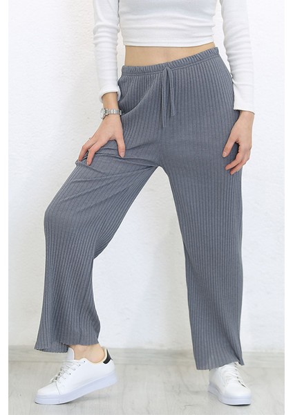 Yüksek Bel Yumuşacık Fitilli Beli Lastikli Günlük Rahat Kadın Pijama Koyu Gri indirimleri