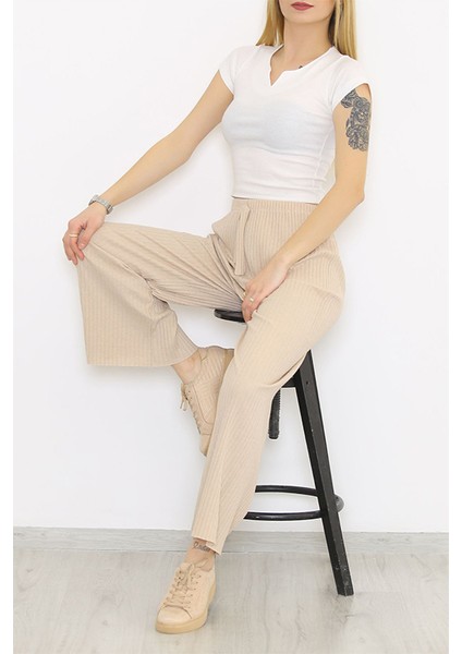 Yüksek Bel Yumuşacık Fitilli Beli Lastikli Günlük Rahat Kadın Pijama Krem