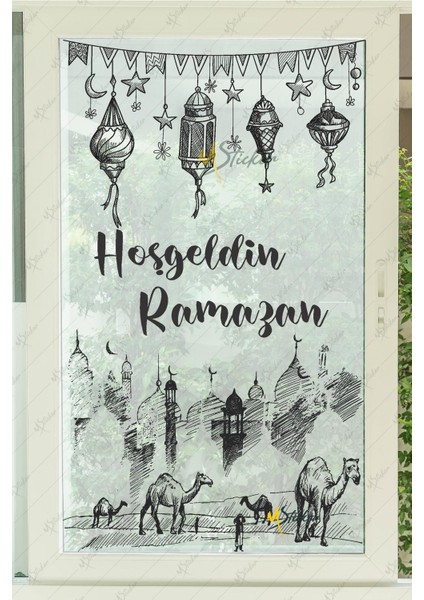 Ramazan Ayı Kandiller ve Medine Figürleri Cam Duvar Dolap Sticker Seti - Hoşgeldin Ramazan