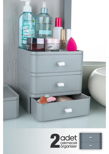 Mowobox 2'li Takı Makyaj ve Kozmetik Düzenleyici Çekmece (Gri) Ofis Masa Düzenleyici