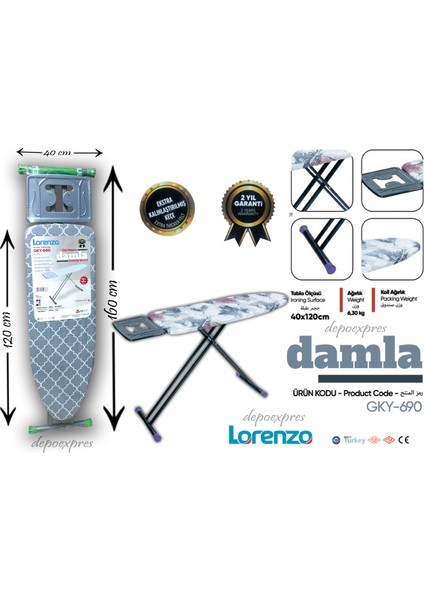 Damla Ütü Masası Gri GYK-690 Ironıng Board 40X120CM Extra Kalınlaştırılmış Keçe Sağlam Yapı