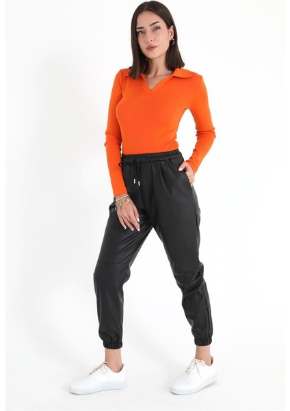 Paçası ve Beli Lastikli Pileli Deri Pantolon - Siyah