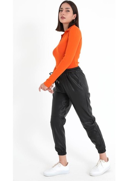 Paçası ve Beli Lastikli Pileli Deri Pantolon - Siyah indirimleri