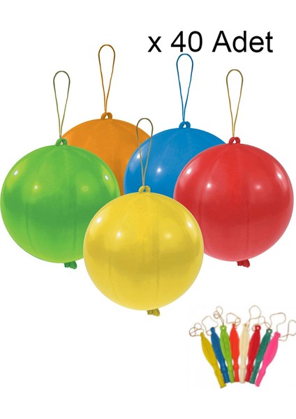 40 Adet Lastikli Zıpzıp Balon Ipli Punch Panç Büyük Balon