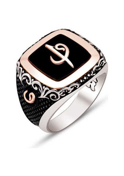 Gümüş Oniks Taşlı Üstü Elif Vav Yazılı Yüzük