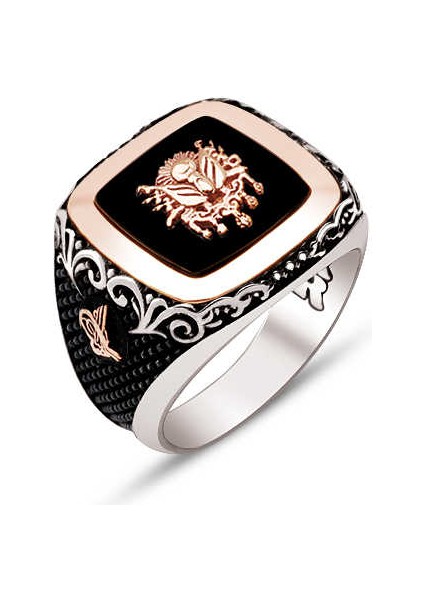 Gümüş Oniks Taşlı Üstü Osmanlı Devlet Armalı ve Yanları Osmanlı Tuğralı Yüzük