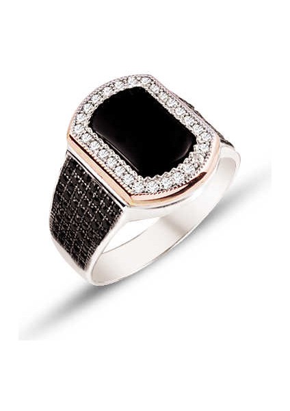 Gümüş Oniks Taşlı Çevresi Zirkon Süslemeli Erkek Yüzük