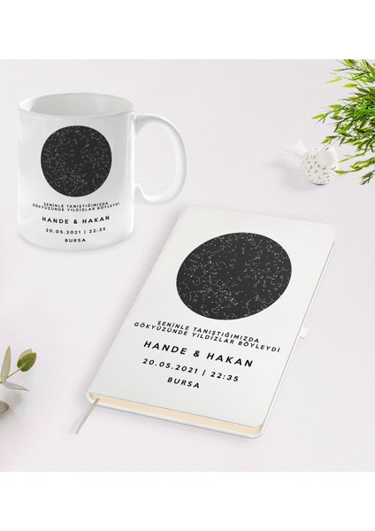 Gift Kişiye Özel Gökyüzü Yıldız Haritası Beyaz Defter Ve Kupa Hediye Seti