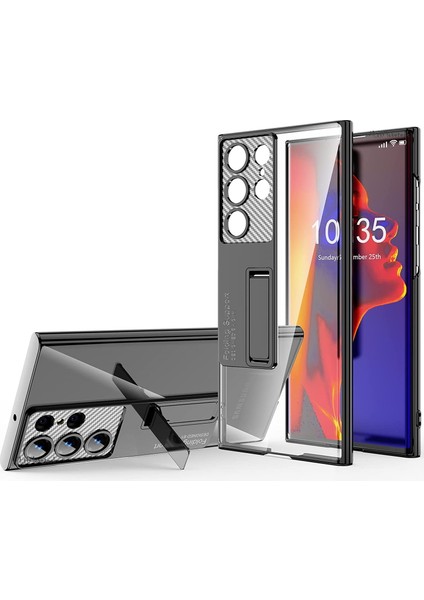 Samsung Galaxy S23 Ultra Uyumlu Kılıf Kamera Korumalı Karbon Arkası Şeffaf Clear Sararma Yapmaz L Standlı Dikey Yatay Ayarlanabiir
