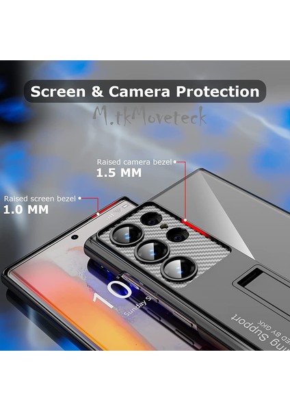 Samsung Galaxy S23 Ultra Uyumlu Kılıf Kamera Korumalı Karbon Arkası Şeffaf Clear Sararma Yapmaz L Standlı Dikey Yatay Ayarlanabiir indirimleri