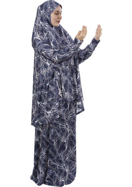 Pratik Iki Parça Desenli Yarasa Kollu Başörtülü Likralı Tesettür Namaz Elbisesi 992-0713
