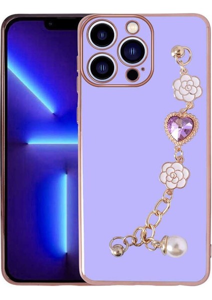 Apple iPhone 14 Pro Max Kılıf Kalpli Çiçekli Bileklik Zincirli Kamera Korumalı Kenarları Gold Renk, Silikon