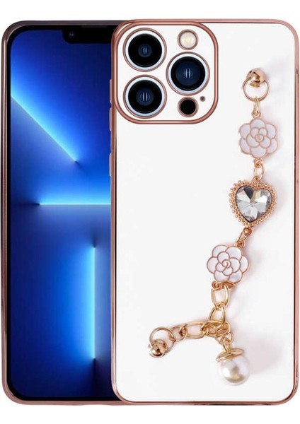 Apple iPhone 14 Pro Max Kılıf Kalpli Çiçekli Bileklik Zincirli Kamera Korumalı Kenarları Gold Renk, Silikon