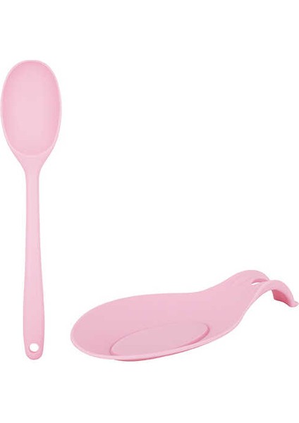 Açık Pembe Renkli Silikon Kaşık ve Kaşık Altlığı Seti