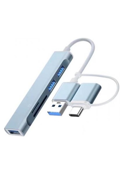 5in1 Type-C + USB Girişli Sd,tf ve USB Çevirici Adaptör, 3x Usb, 1x Tf, 1x Sd Çoğaltıcı Hub