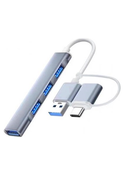 Type-C + USB Girişli 4in1 Çevirici Adaptör, 3x USB 3.0 Çevirici Hub Tak Çalıştır Adaptör