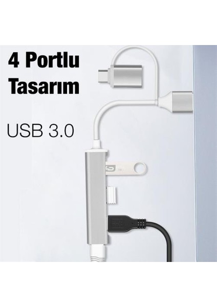 Type-C + USB Girişli 4in1 Çevirici Adaptör, 3x USB 3.0 Çevirici Hub Tak Çalıştır Adaptör