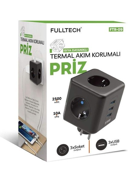 3 Priz 3 x usb 10a 2500w Termal Akım Korumalı Priz Tgftr09