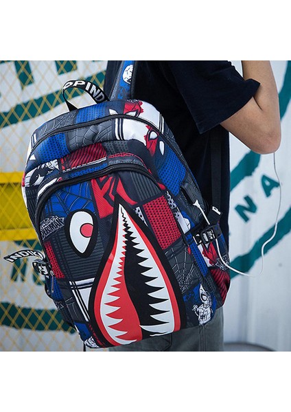 YY Store USB Şarj Portlu Shark Print Sırt Çantası (Yurt Dışından)